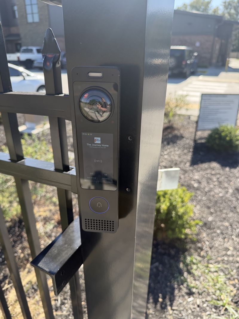 UniFi Access intercom mounted on the pedestrian gate post at The Journey Home